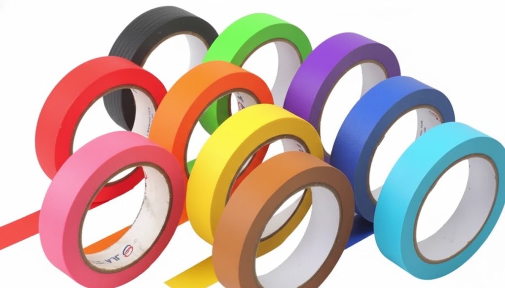 Worker applying crepe paper masking tape in automotive painting